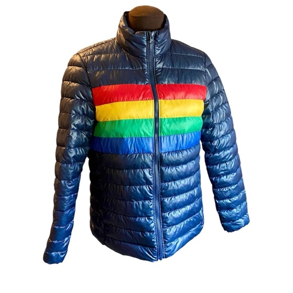 Primary Rainbow Bright Stripe Lightweight Puffer Navy Jacket, Womens size Medium - Picture 11 of 11